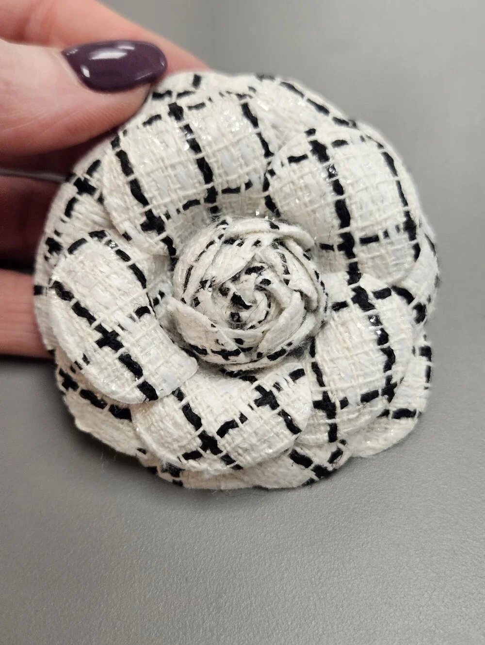 NEW Tweed Camellia Flower Brooch Pin Black or Ivory Choice of Color